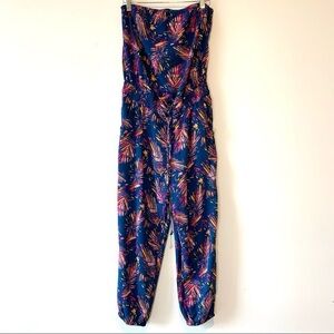 Mudd Vibrant Blue and Pink Leaf Print Jumpsuit